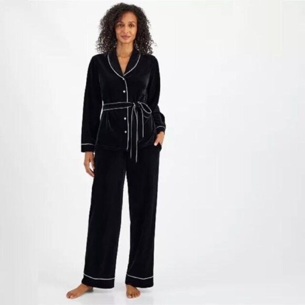 INC Womens 2-Pc. Black Velvet Shawl-Collar Pajama Set Size L NWOT
